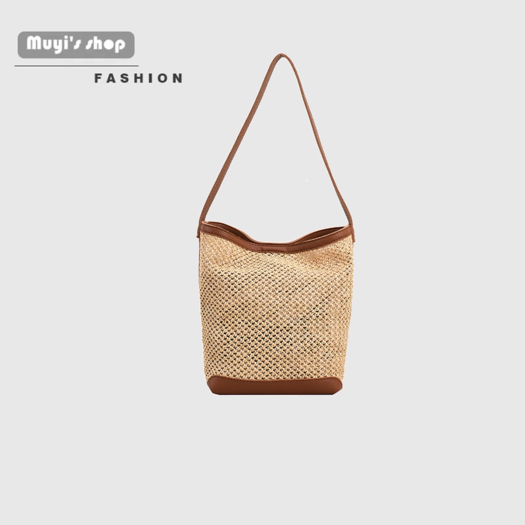 Túi Xách Đan Cói Sức Chứa Lớn Màu Sắc Tương Phản Phong Cách retro Mùa Hè Cho Nữ