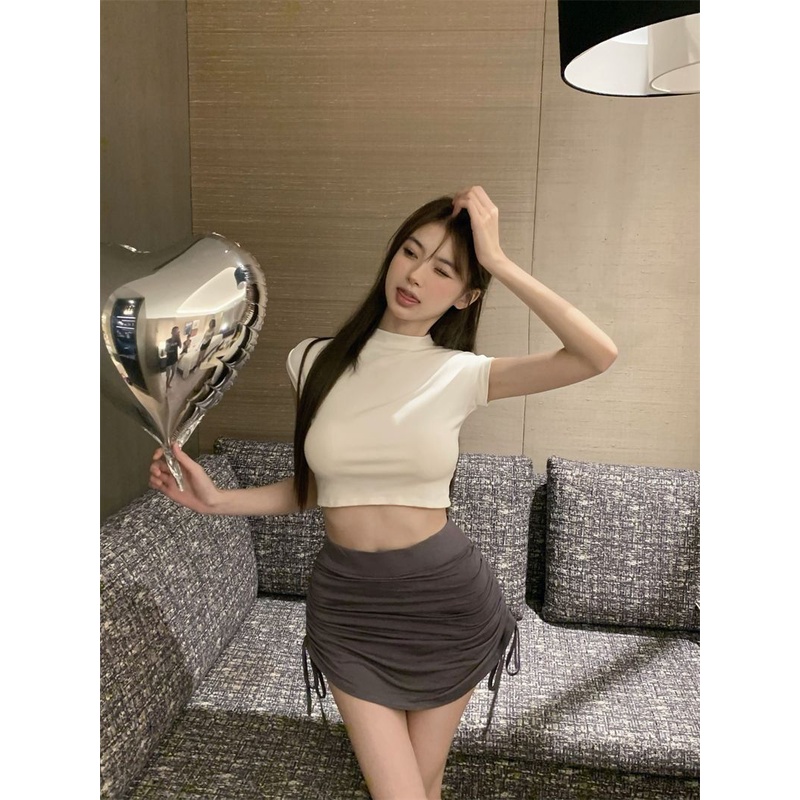 Áo Thun Ngắn Tay Cổ Cao Xếp Ly Ôm Dáng Thời Trang Âu Mỹ Cho Nữ