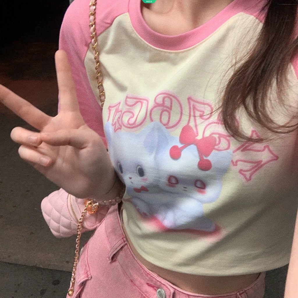 Áo Thun Ngắn Tay In Hình Mèo Hoạt Hình Sáng Tạo Thời Trang Mùa Hè Hàn Quốc Dành Cho Nữ Y2k