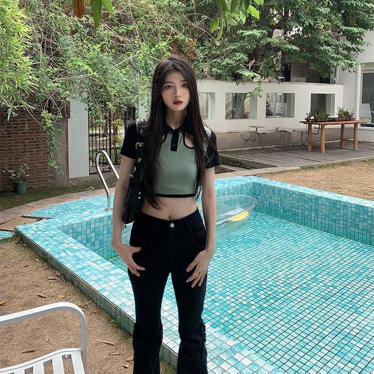 Áo Croptop Tay Ngắn Cổ Polo Dáng Ôm Màu Xanh Lá / Đen Thời Trang Mùa Hè 2023