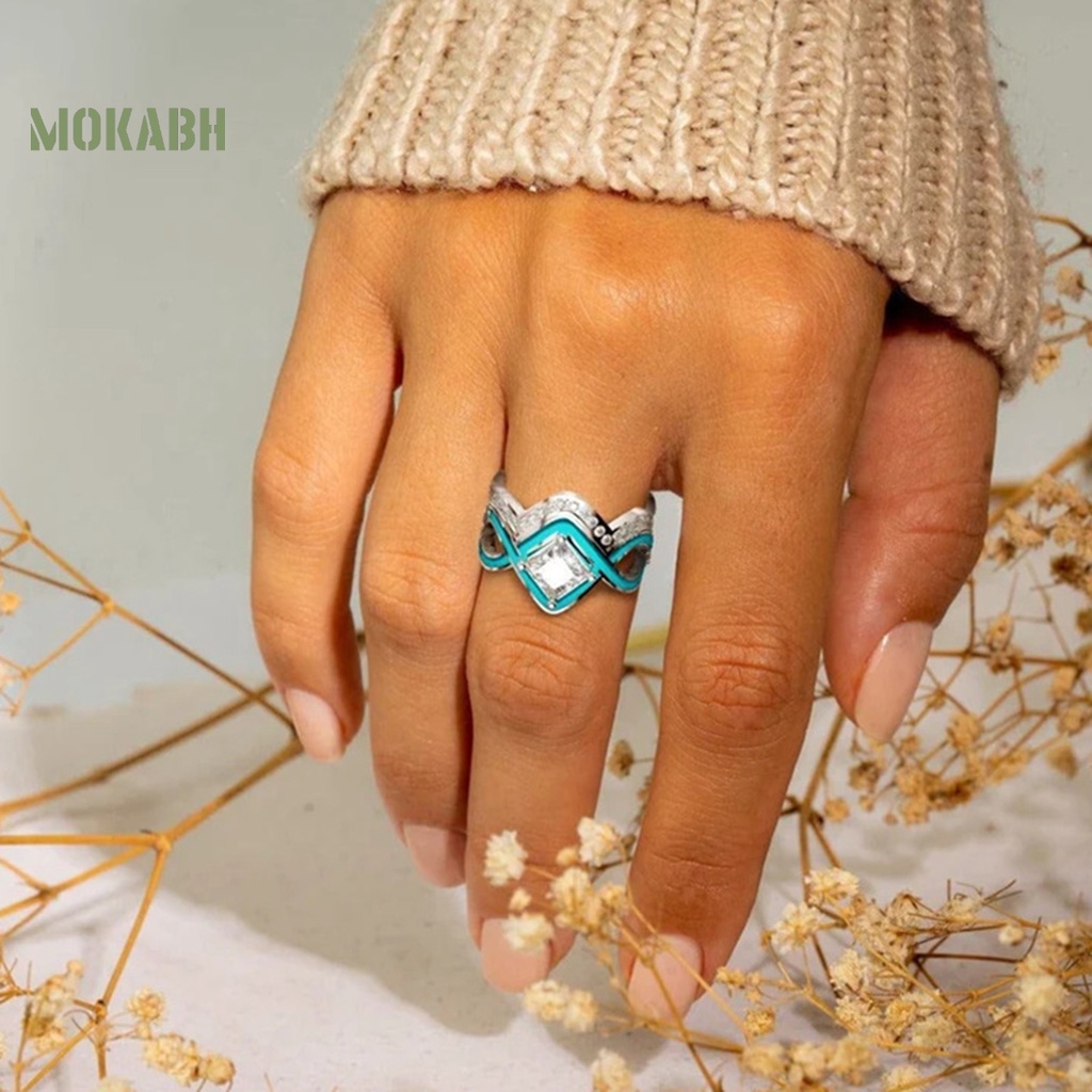 [Mok Abh] Nhẫn Hai Lớp Đính Đá Ngọc Lam Nhân Tạo Hình Sóng Biển Phong Cách Vintage Cho Nữ