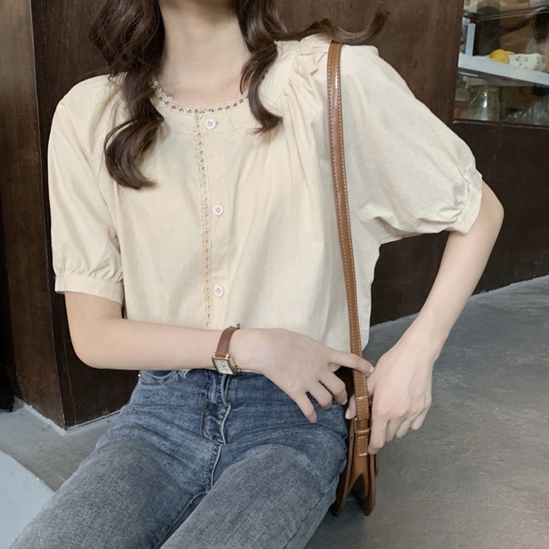 Áo Kiểu Mùa Hè Pháp Tay Cộc Cổ Tròn Dáng Rộng Thiết Kế Ngọt Ngào Dễ Phối Đồ Mẫu Mới 202