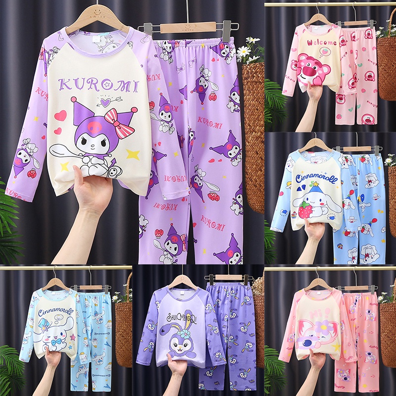 Bộ Đồ Ngủ Gấu Dâu Lotso Dài Tay In Hoạt Hình Kuromi Đáng Yêu Pijama Cho Bé Gái