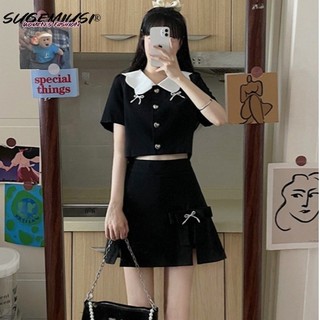 Sugemiusi Xiaoxiang Bộ Áo Ngắn Tay Cổ Búp Bê + Chân Váy Ngắn Lưng Cao Màu Đen Thời Trang Mùa Hè