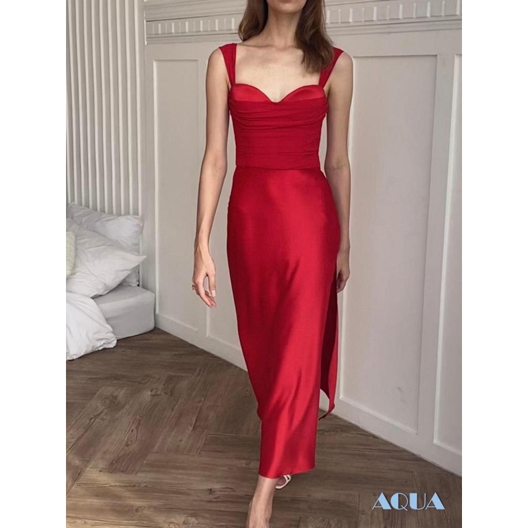 Đầm Hai Dây Dáng Dài Cổ Chữ V Màu Trơn Thời Trang Mùa Hè Cho Nữ