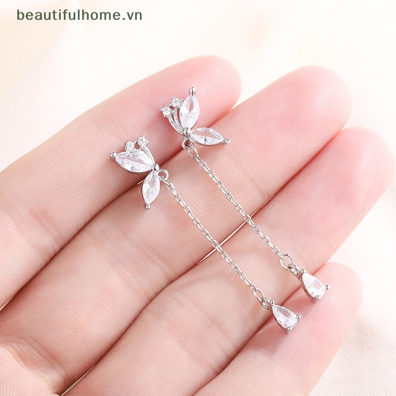 [beautifulhome] Bông Tai Dáng Dài Đính Đá Zircon Hình Bướm Lấp Lánh Thời Trang Cho Nữ
