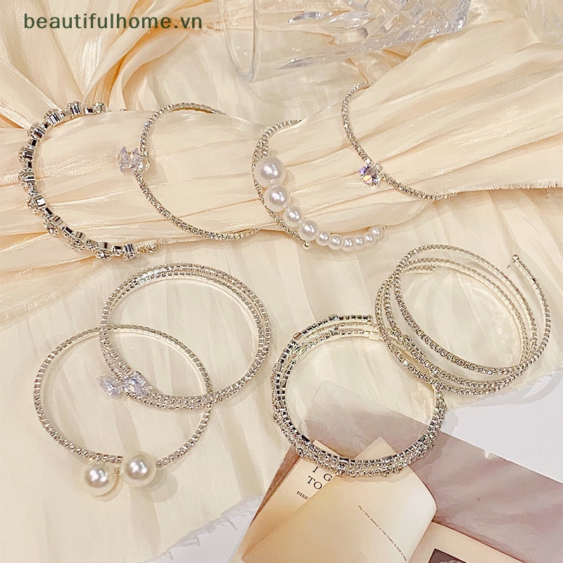 [beautifulhome] Vòng Tay Ngọc Trai Giả Pha Lê Nhiều Lớp Co Giãn Trang Sức Cô Dâu Làm Quà Tặng [beauty]