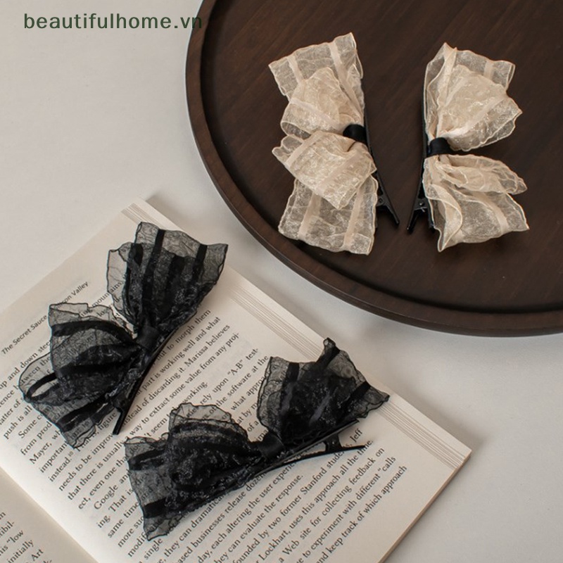 Set 2 Kẹp Tóc Nơ Màu Đen / Be Xinh Xắn Dành Cho Nữ