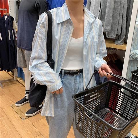 Áo Sơ Mi Mỏng Dáng Rộng Họa Tiết Kẻ Sọc Dọc Màu Xanh Dương Trắng Phong Cách Hàn Quốc Mới