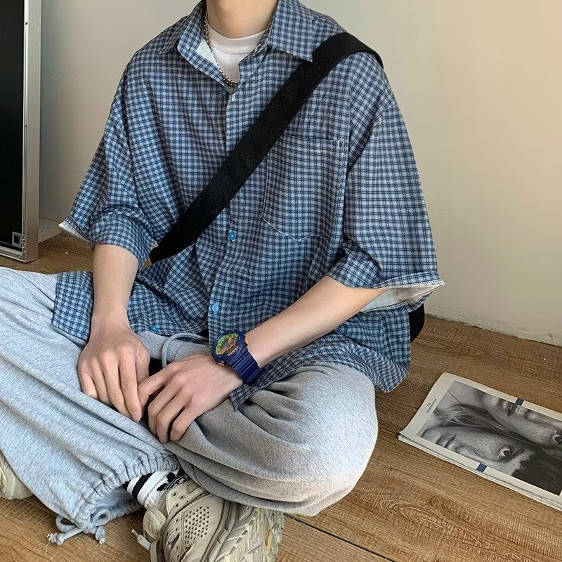Áo Sơ Mi Tay Ngắn Họa Tiết Sọc Caro Phong Cách Nhật Bản Thời Trang Mùa Hè Cho Nam