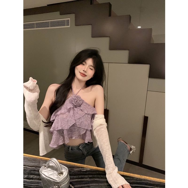 Áo Croptop Hai Dây Nâng Ngực Màu Hồng Họa Tiết Hoa Hồng Thời Trang Mùa Hè 2023 Phong Cách Mới Cho Nữ