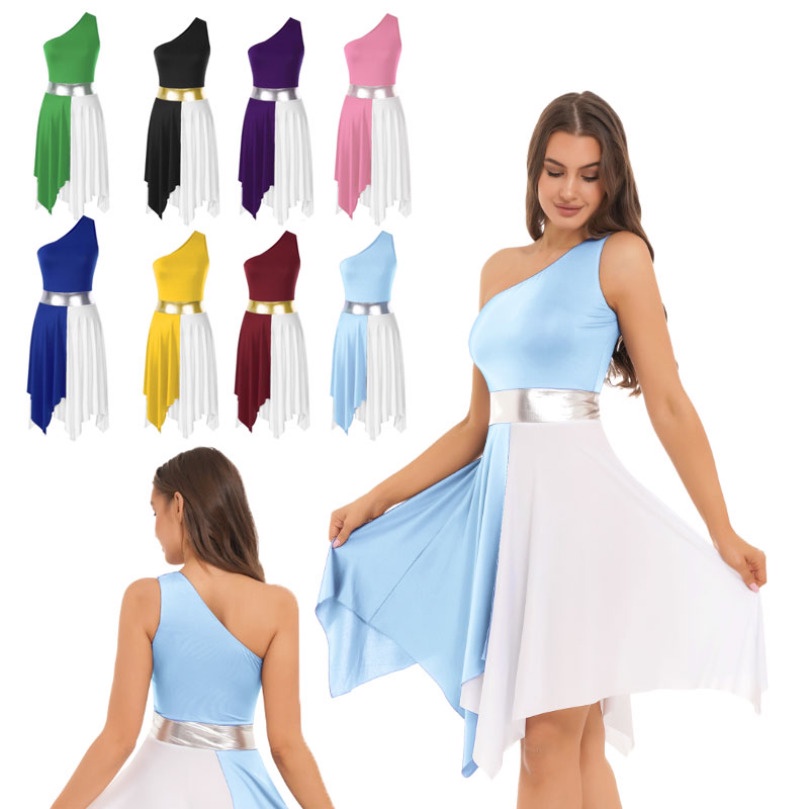 Đầm Khiêu Vũ Một Mảnh Không Tay Áo Hở Vai Không Đối Xứng Màu Khối Dành Cho Bạn Nữ