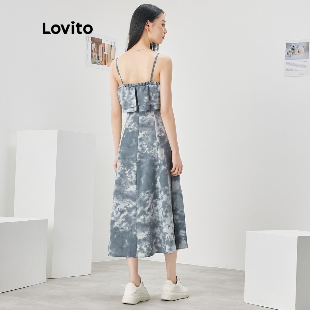 Đầm Lovito nhuộm màu xếp nếp viền nhún bèo phong cách thường ngày dành cho nữ L52AD097 (xanh dương)