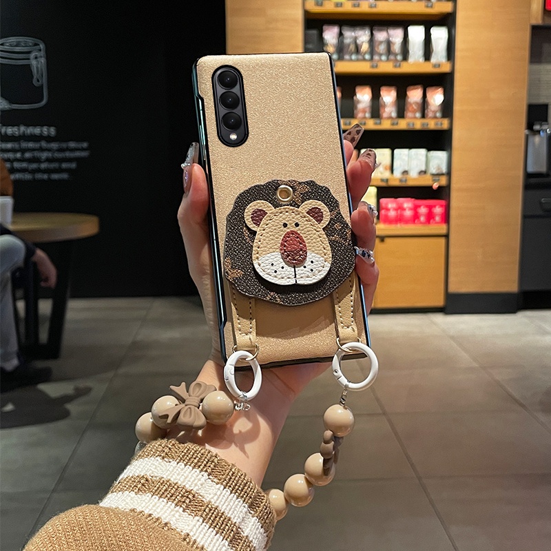 Bao Da Điện Thoại Hình Sư Tử Đính Hạt Vàng Sang Trọng Cho samsung galaxy z fold 5 4 3 2 5g Ốp