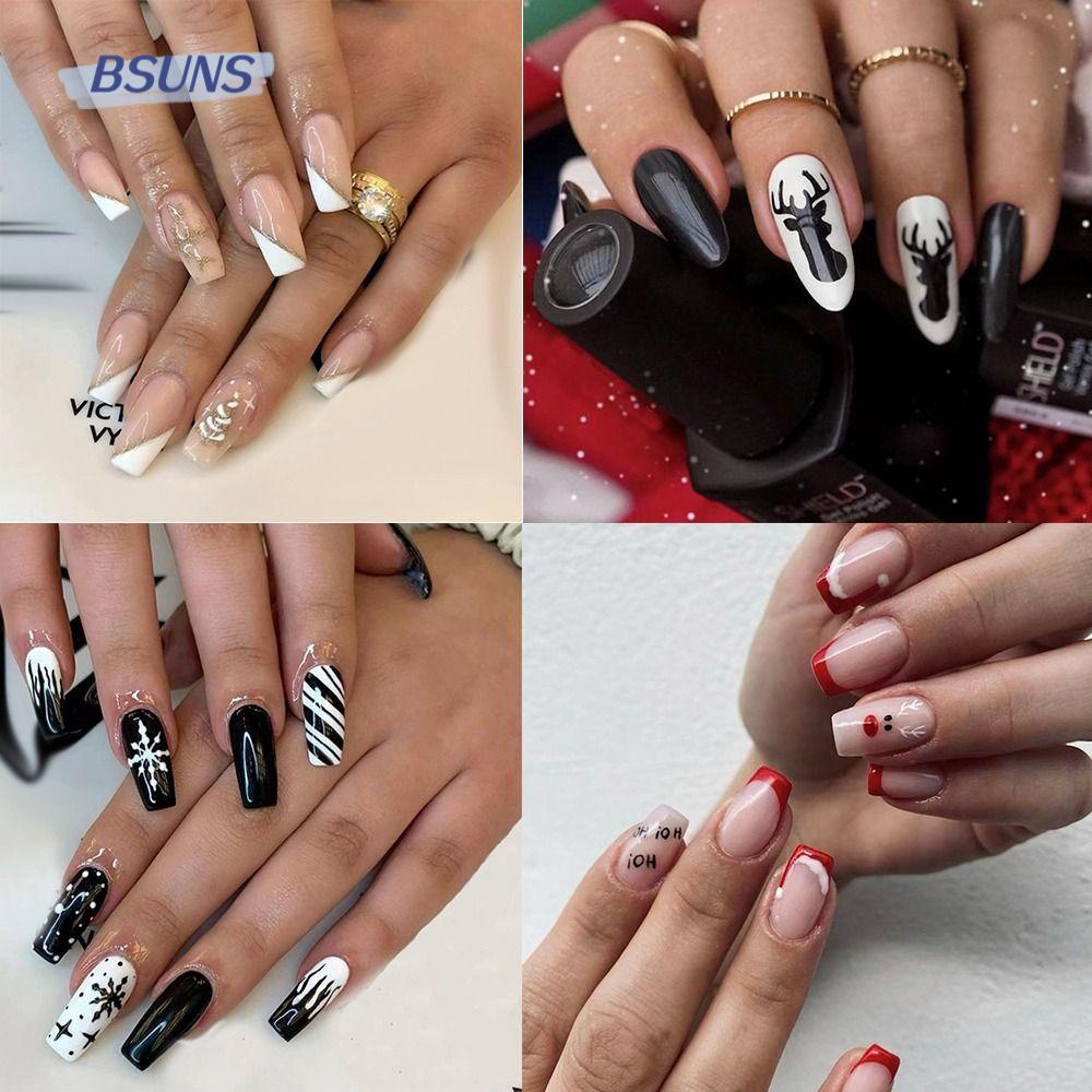 Bộ 24 Móng Tay Giả Che Phủ Toàn Diện Màu Đỏ Đính Đá Almond Ballerina Santa