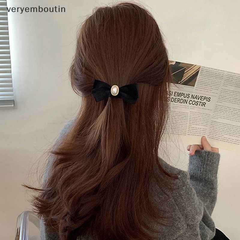 Dây Buộc Tóc Cao Su Bọc Nhung Màu Đen Đính Hạt Ngọc Trai Đơn Giản