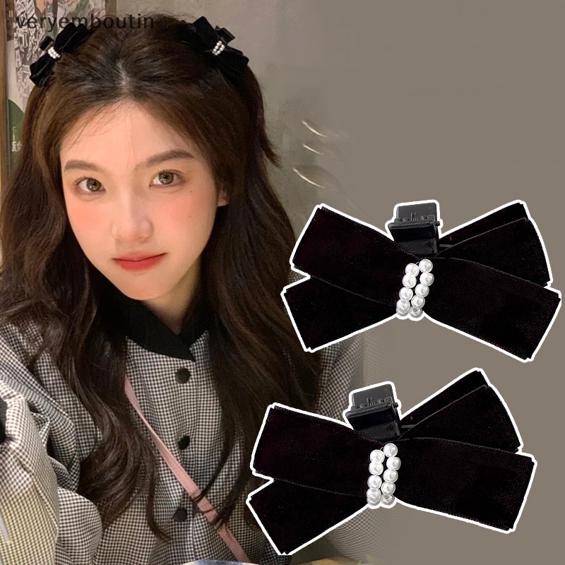 Kẹp Tóc Hình Nơ Đính Ngọc Trai Giả Bằng Nhung Phong Cách Pháp Cổ Điển Thanh Lịch Dành Cho Nữ