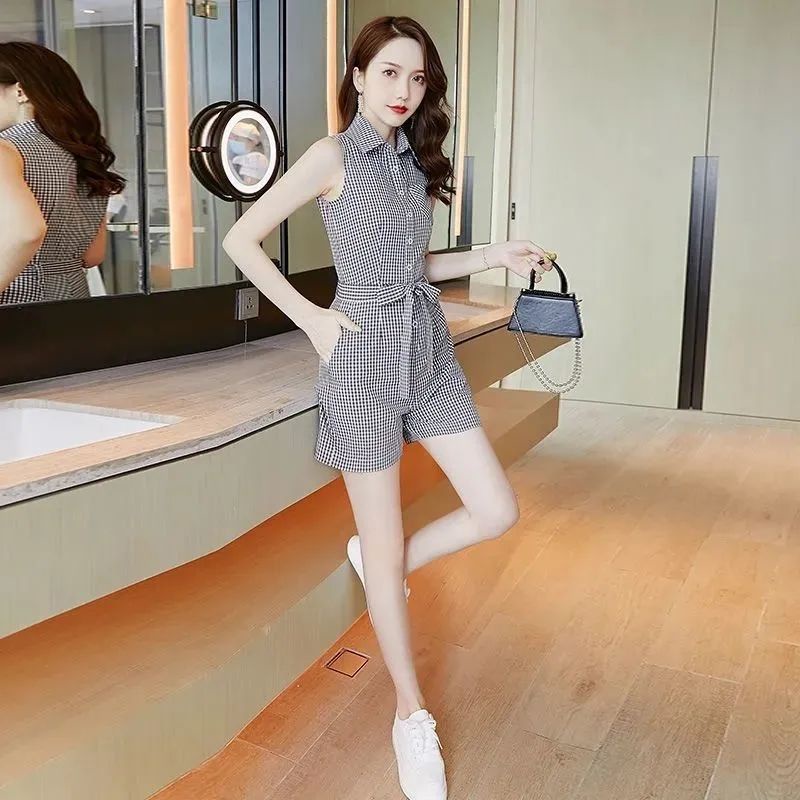 Áo Liền Quần Lưng Cao Ống Rộng Họa Tiết Kẻ Sọc Phong Cách Hàn Quốc Thời Trang Mùa Hè 2023 Mới