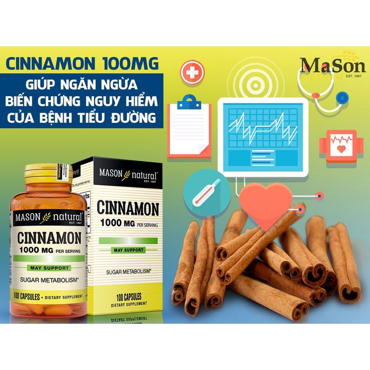 Viên uống ổn định đường huyết Mason Natural Cinnamon 1000mg hỗ trợ chuyển hoá đường và giảm cholesterol. Hộp 100 viên