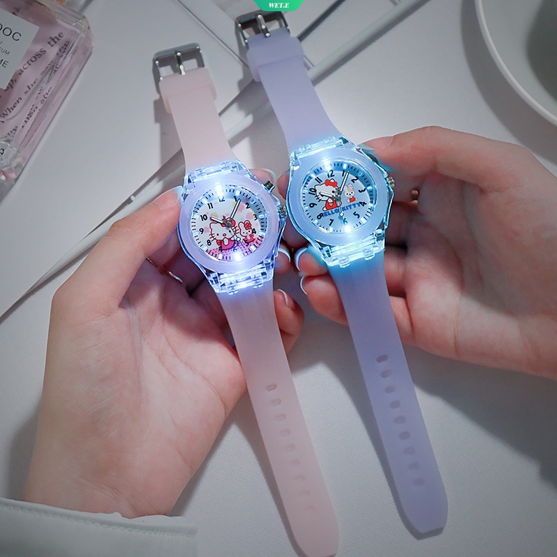 Đồng Hồ Đeo Tay Điện Tử Dạ Quang Hình Hello Kitty Kiểu Hàn Quốc Cho Học Sinh