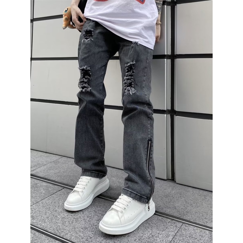 Quần Jean Dài Dáng Suông Rộng Rách Gối Màu Xám Đen Phối Khóa Kéo Bên Hông Kiểu Đường Phố Mỹ Cá Tính Cho Nam Và Nữ