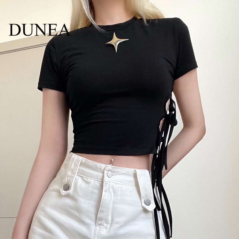 DUNEA Áo Thun Đen Cổ Tròn In Họa Tiết Ngôi Sao Khoét Lỗ Thời Trang Cho Nữ