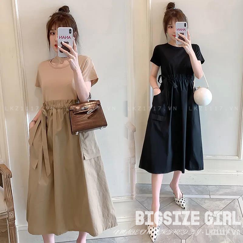Váy đầm nữ Bigsize Đầm thun suông Giả Hai tay ngắn cổ tròn che bụng mỡ ôm eo mùa hè Phong cách Hàn Quốc Thời Trang đẹp