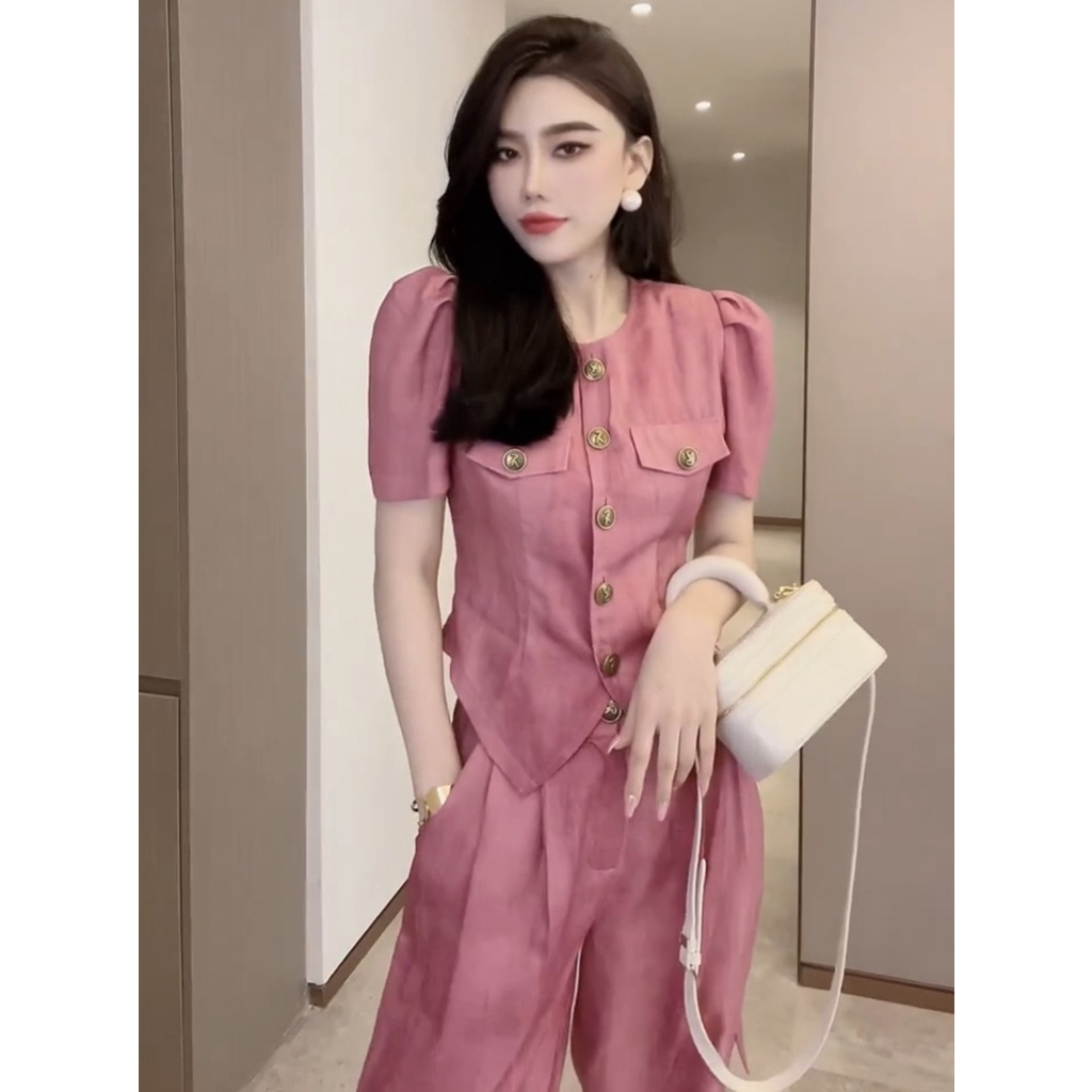 Áo Tay Ngắn Phồng Ôm Dáng Phối Nút Kim Loại + Quần Ống Rộng Thời Trang Mùa Hè 2023 Cho Nữ