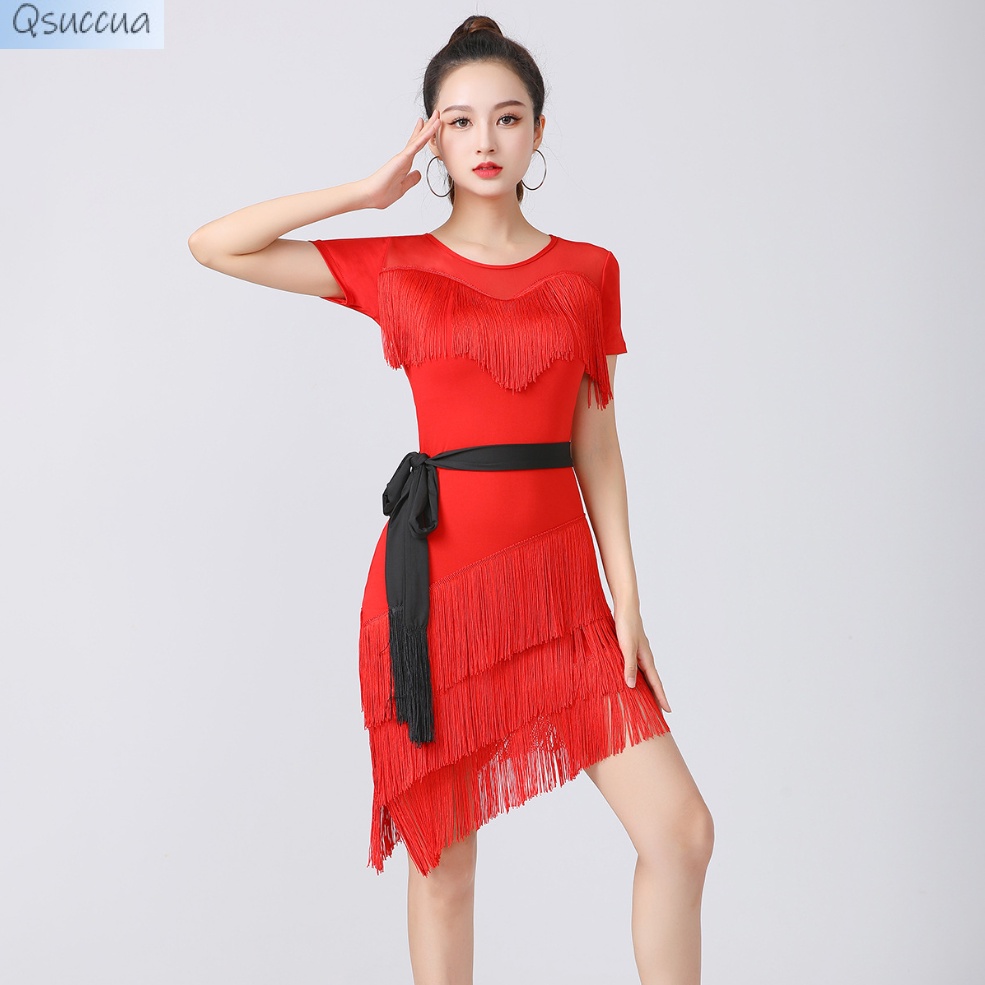 Đầm Khiêu Vũ Latin Ngắn Tay Phối Lưới Tua Rua Thời Trang Dành Cho Nữ