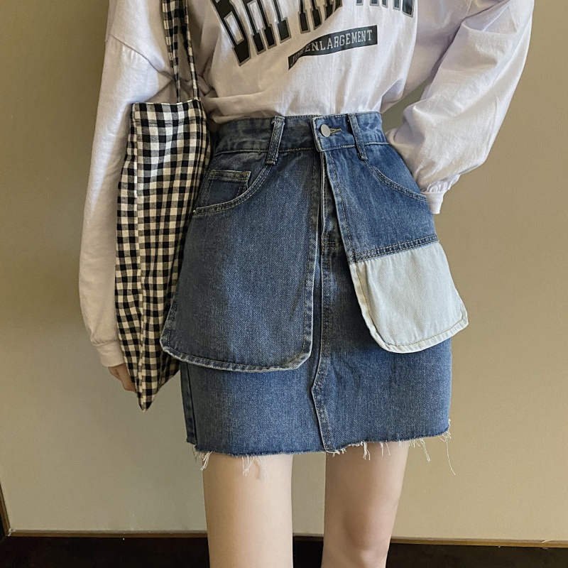 Chân Váy Denim Lưng Cao Phối Túi Màu Sắc Tương Phản Thời Trang Mùa Hè Cho Nữ