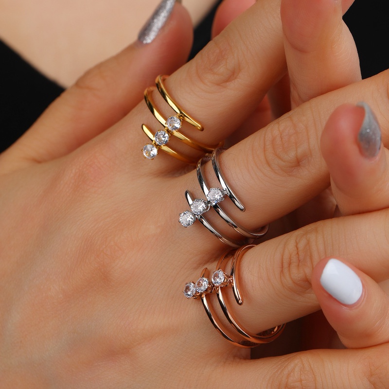 Nhẫn Thép Titan Ba Lớp Đính Đá Zircon Thời Trang Mới Cho Nữ