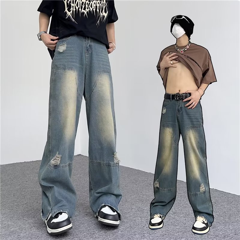 Quần bò rách gối unisex hiphop quần jean ống rộng from rộng quần baggy rách street style quần jean nam hàn quốc Cao Cấp denim quần hiphop nam