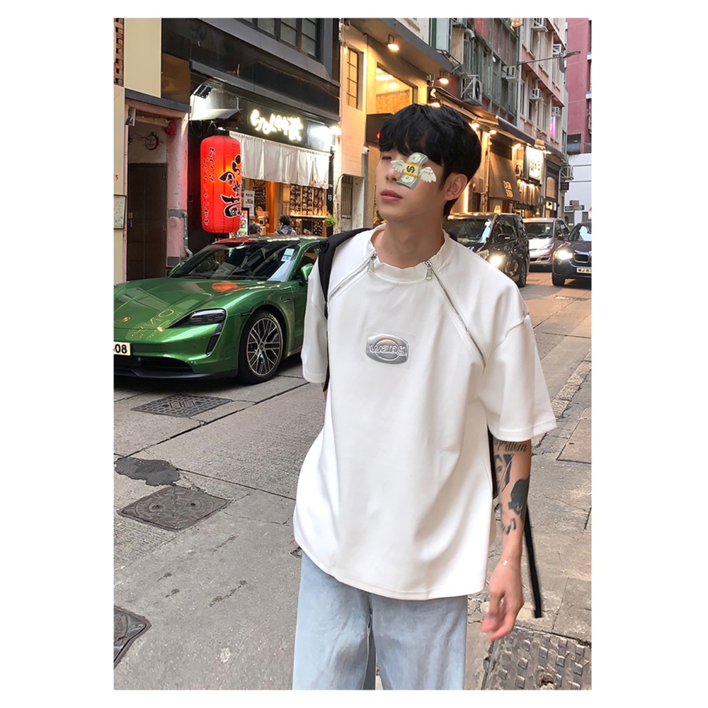 Áo Thun Tay Ngắn Cổ Tròn Dáng Rộng Phối Khóa Kéo Thời Trang Mùa Hè Cho Nam