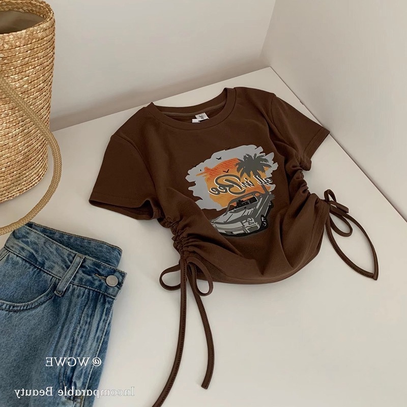 Áo Thun Tay Ngắn Phối Dây Rút In Họa Tiết Phong Cách Retro Mỹ Thời Trang Mùa Hè Cho Nữ