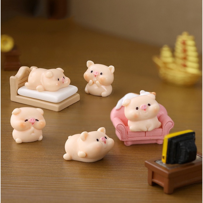 Mô hình gia đình chú heo con decor bàn học, terrarium, DIY