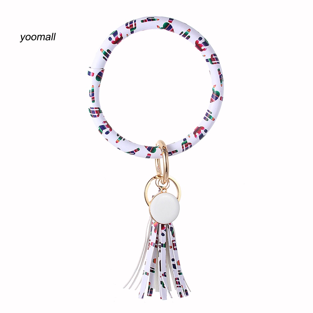 Móc Khóa Dạng Vòng Tròn Phối Tua Rua Bằng Da Giả