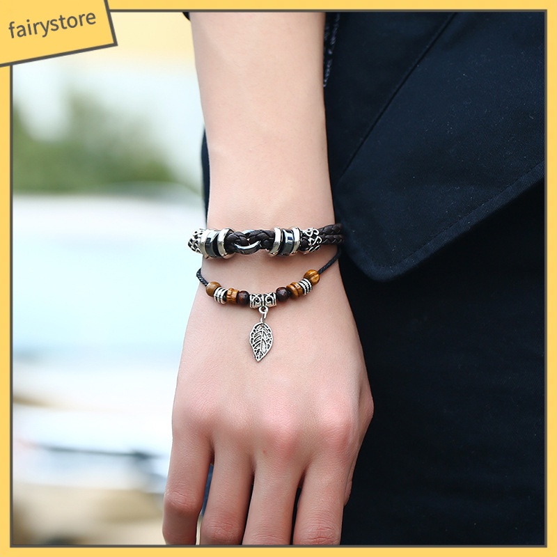 Vòng Tay Da Nhiều Lớp Mặt Hình Chiếc Lá Sáng Tạo Thời Trang Cho Nam