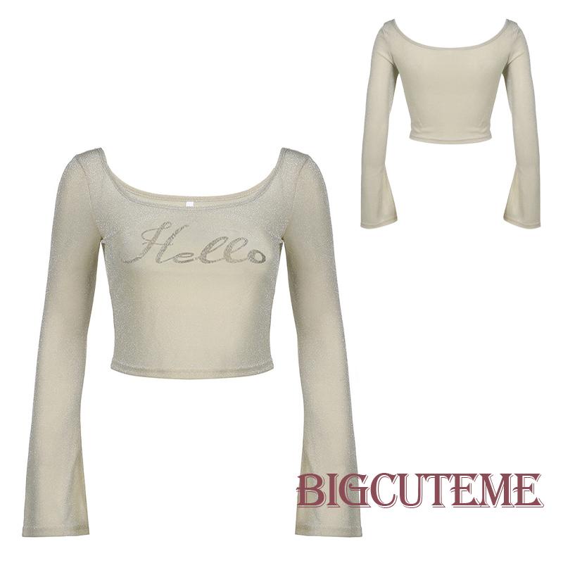 Áo Thun Lửng Tay Dài Đính Kim Sa Lấp Lánh Thời Trang Xuân Hè Cho Nữ