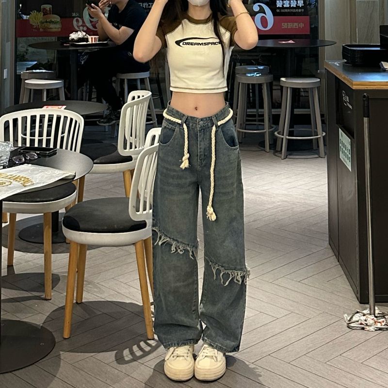 Quần Jean Dài Ống Rộng Lưng Cao Phong Cách Hong Kong Thời Trang Mùa Hè Mới Cho Nữ