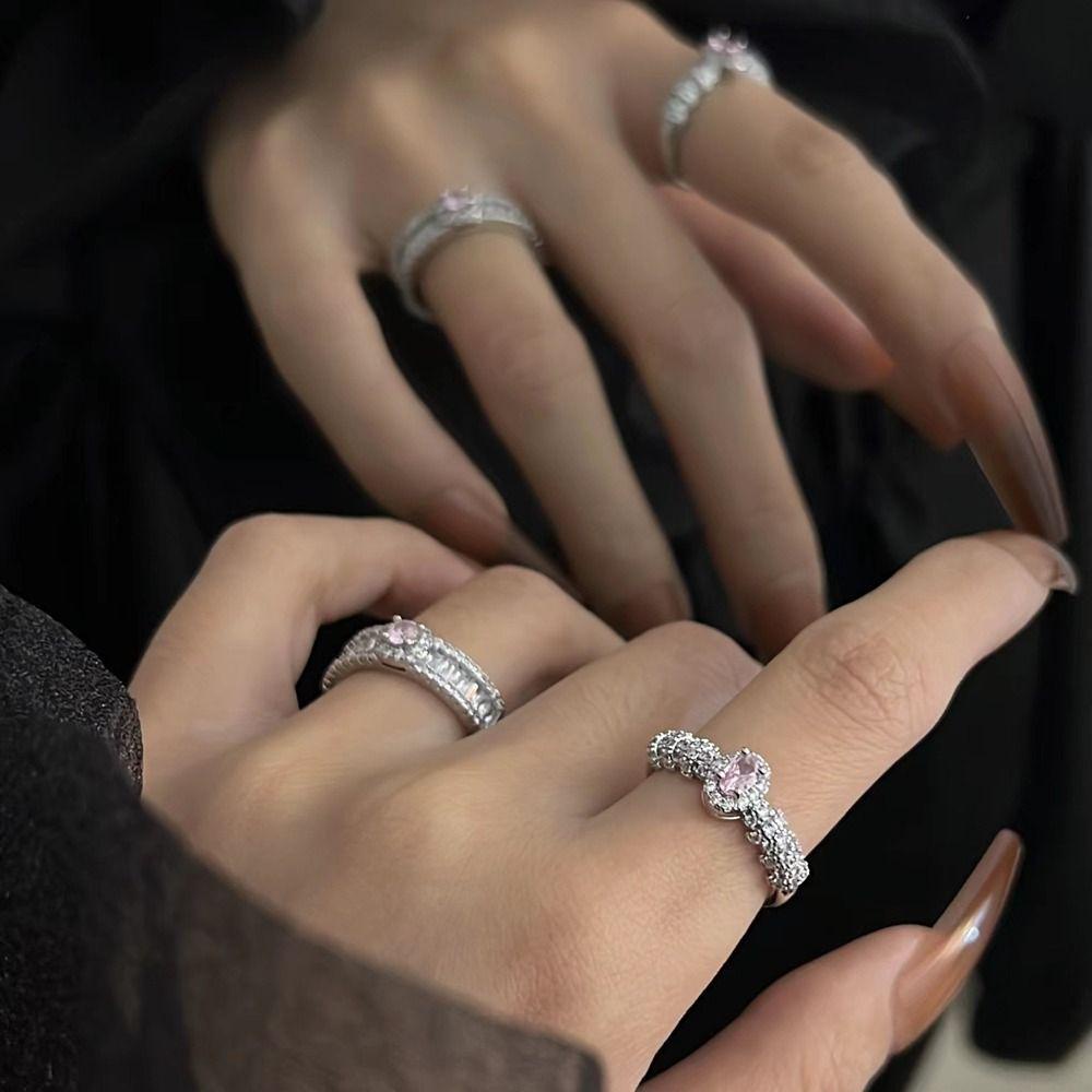 OCEANMAP Nhẫn Đồng Y2k Đính Đá Màu Hồng Ngọt Ngào Có Thể Điều Chỉnh Kích Thước