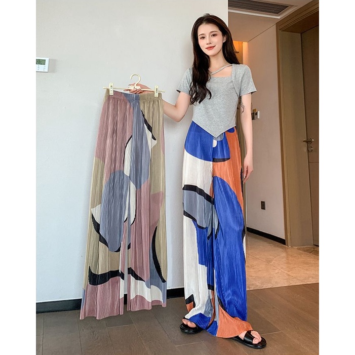 Quần Ống Rộng Lưng Cao Màu Sắc Tương Phản Thời Trang Mùa Hè Cho Nữ