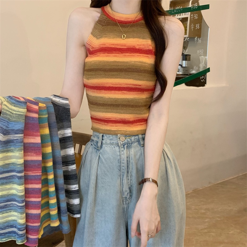 Nzn Áo crop Top Hai Dây Ôm Dáng Họa Tiết Kẻ Sọc Tương Phản Thời Trang Mùa Hè Mới