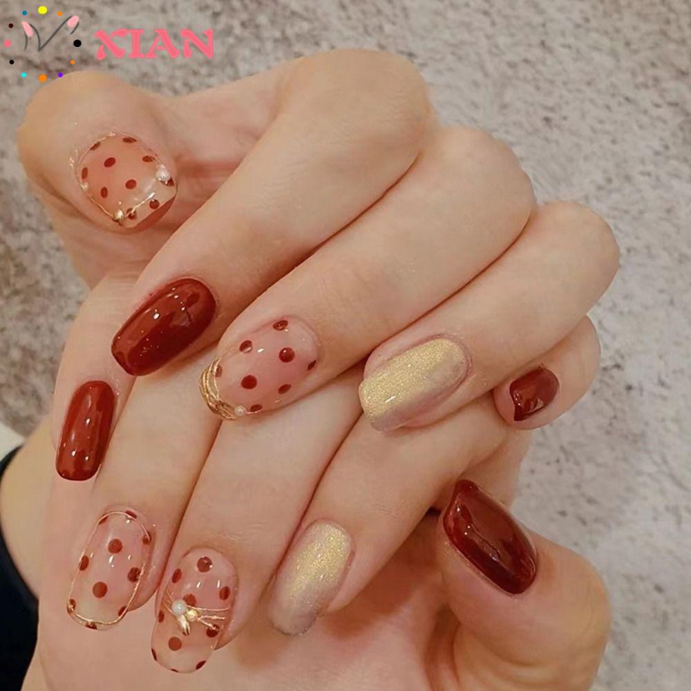 XIANTIN Set 24 Móng Tay Giả Màu Đỏ Trang Trí Nghệ Thuật DIY|Hạnh Nhân Tạo Trang Trí Nội Thất Đẹp Mắt