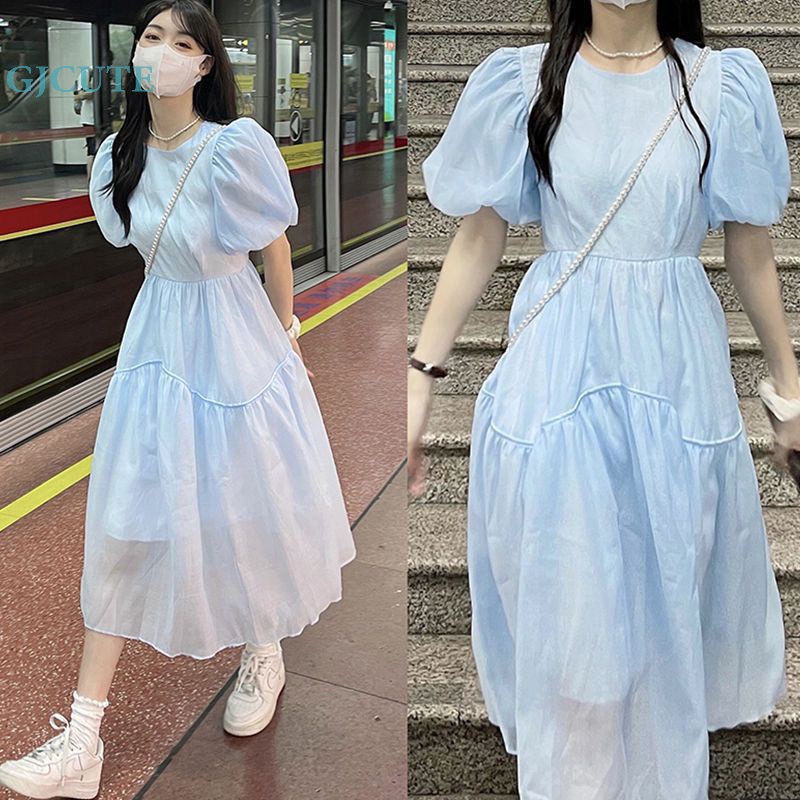 Đầm Midi Tay Phồng Màu Xanh Dương Phong Cách Pháp Thời Trang Mùa Hè Cho Nữ