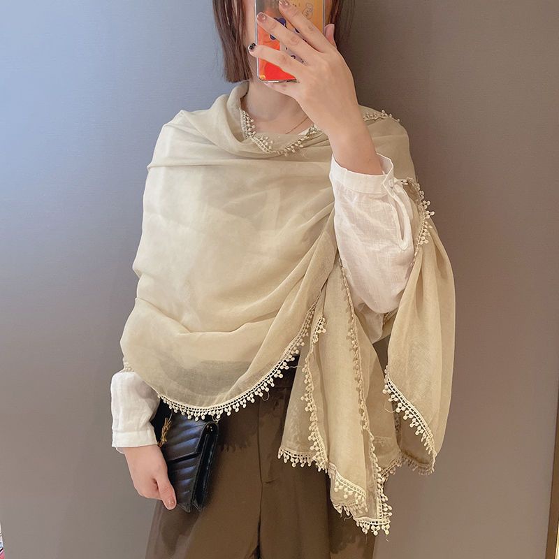 Khăn Choàng Cổ Vải Lanh Cotton Viền Ren Màu Trơn Thanh Lịch Dễ Phối Đồ
