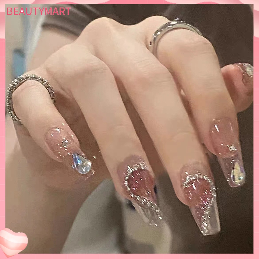 1 Bộ Móng Tay Giả Hình Giọt Nước Kim Cương / Trái Tim Dạng Nhấn Đính Kim Cương Giả Lấp Lánh Cho Nữ