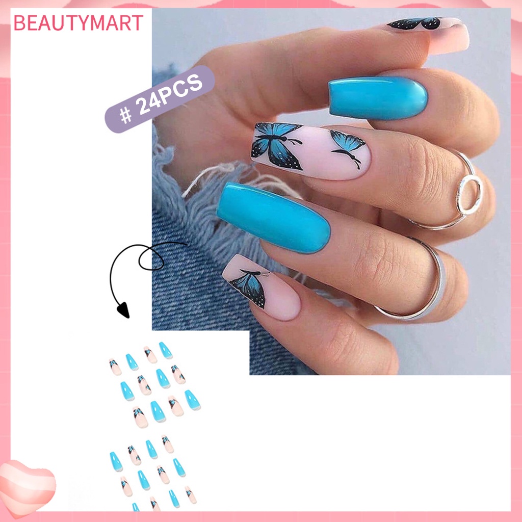Bộ 24 Móng Tay Giả Hình Bướm Màu Xanh Da Trời Dễ Sử Dụng Cho Nữ