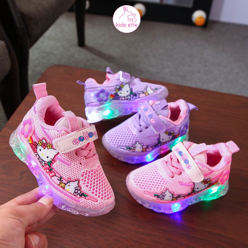 Giày Thể Thao Thoáng Khí Có Đèn LED Hình Hello Kitty Dành Cho Bé Gái