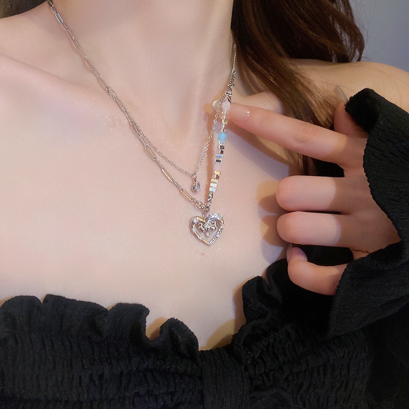 Dây Chuyền Hai Lớp Hình Nơ Đính Đá Trái Tim Thời Trang Cao Cấp Dành Cho Nữ