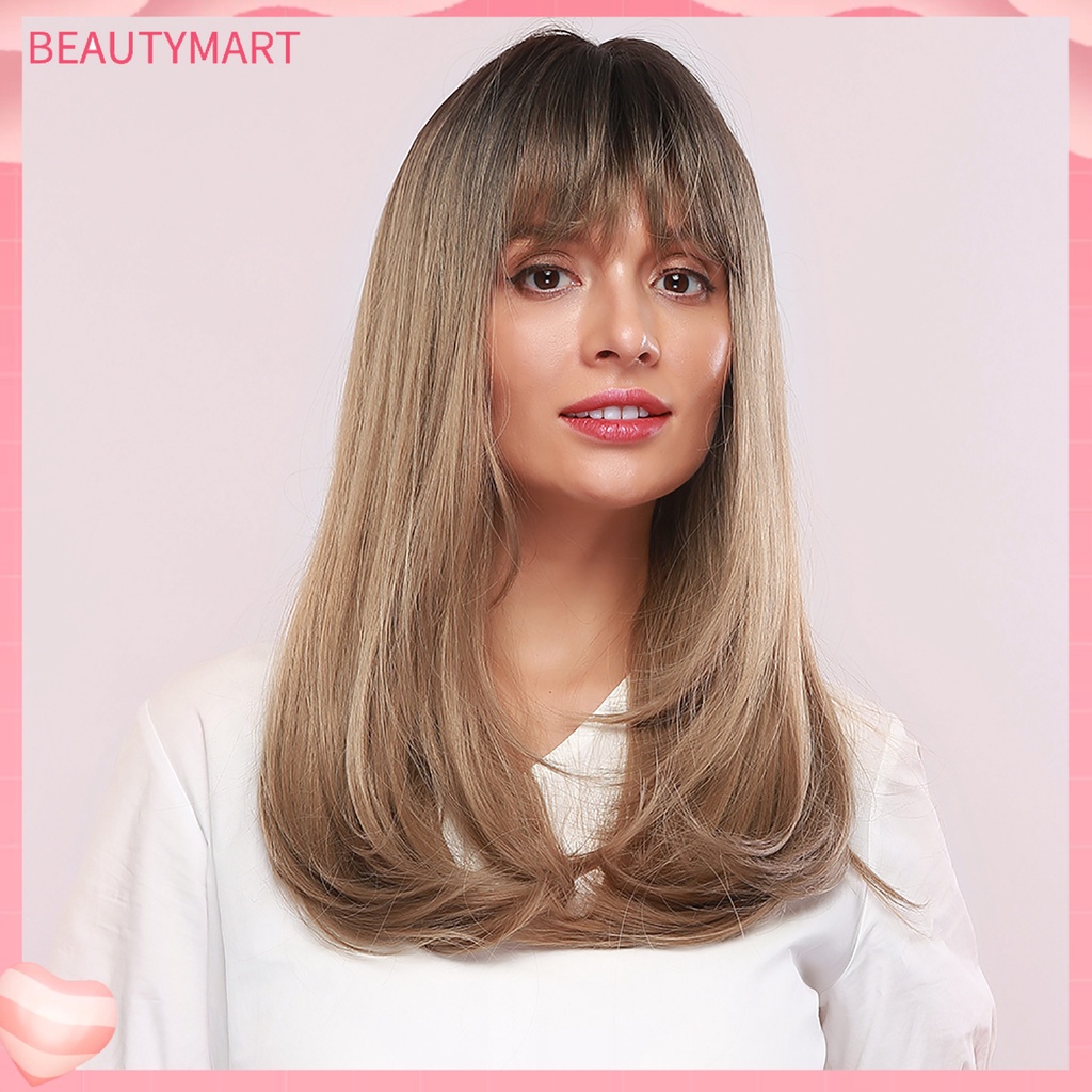 Bộ Tóc Giả Dài Mái Bằng Sợi Tổng Hợp Màu Vàng Nâu Thời Trang Dành Cho Nữ